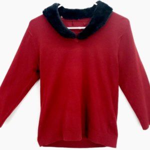 Red Wool Sweater M Vintage Knit Pullover V Neck Detachable Faux Fur Collar Women